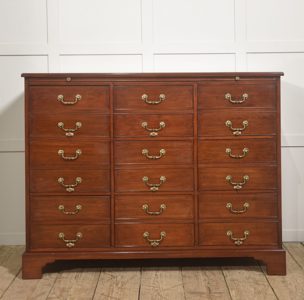 A Georgian style mahogany filing cabinet featuring a bank of multiple small drawers with brass swan-neck handles on a bracket foot base. View V