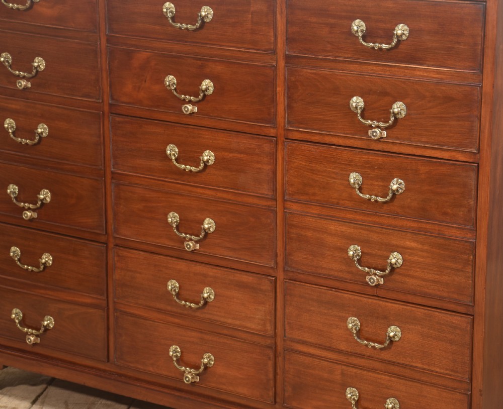 A Georgian style mahogany filing cabinet featuring a bank of multiple small drawers with brass swan-neck handles on a bracket foot base. View X