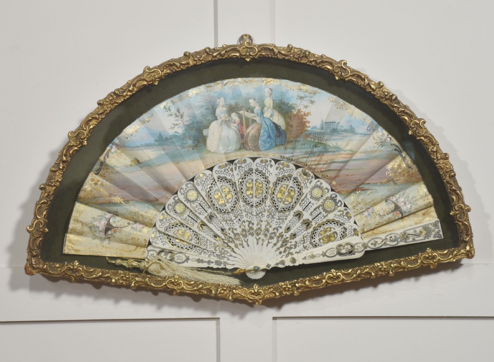 Framed Decorative Folding Fan with Rococo Pastoral Scene