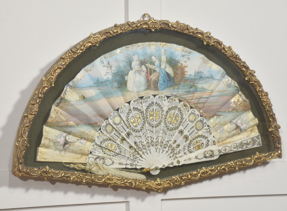 Framed Decorative Folding Fan with Rococo Pastoral Scene View II