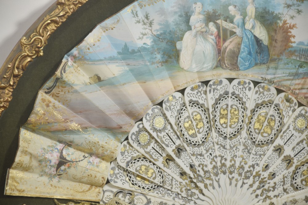 Framed Decorative Folding Fan with Rococo Pastoral Scene View III