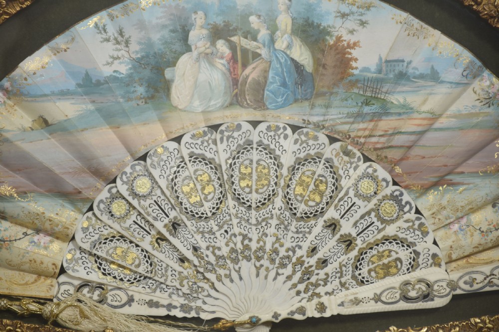 Framed Decorative Folding Fan with Rococo Pastoral Scene View IV