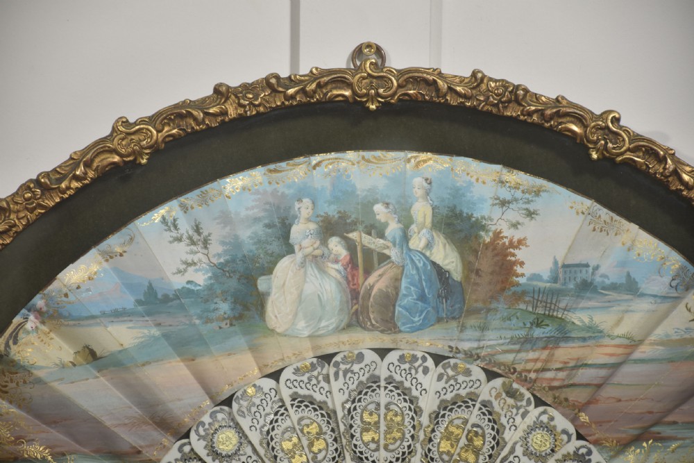 Framed Decorative Folding Fan with Rococo Pastoral Scene View V