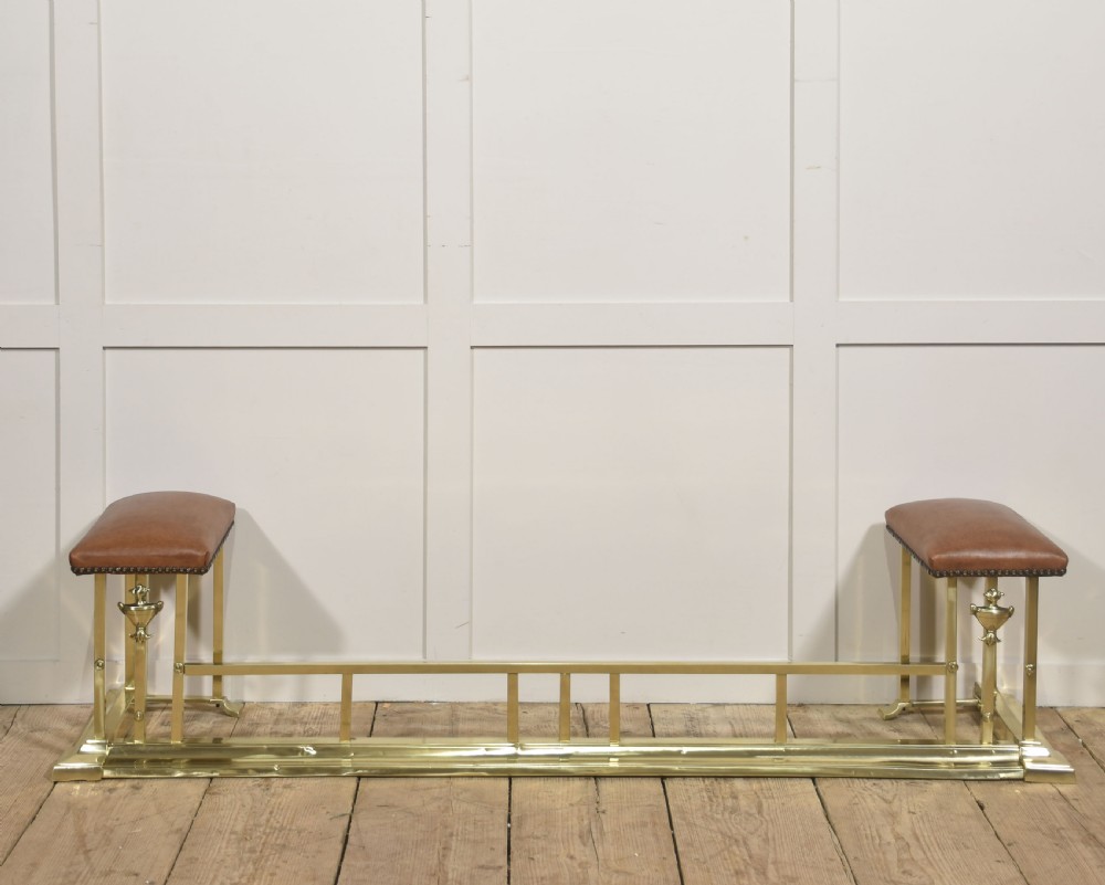 Brass and Leather Club Fender with Upholstered End Seats