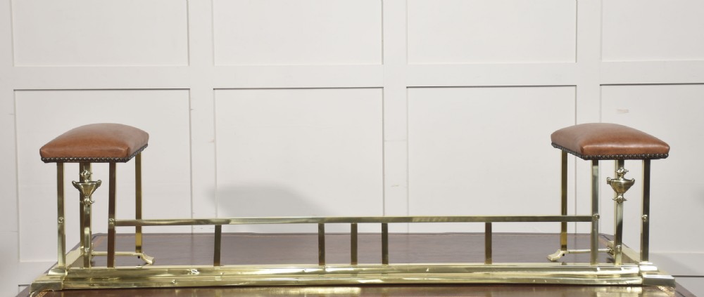 Brass and Leather Club Fender with Upholstered End Seats View III