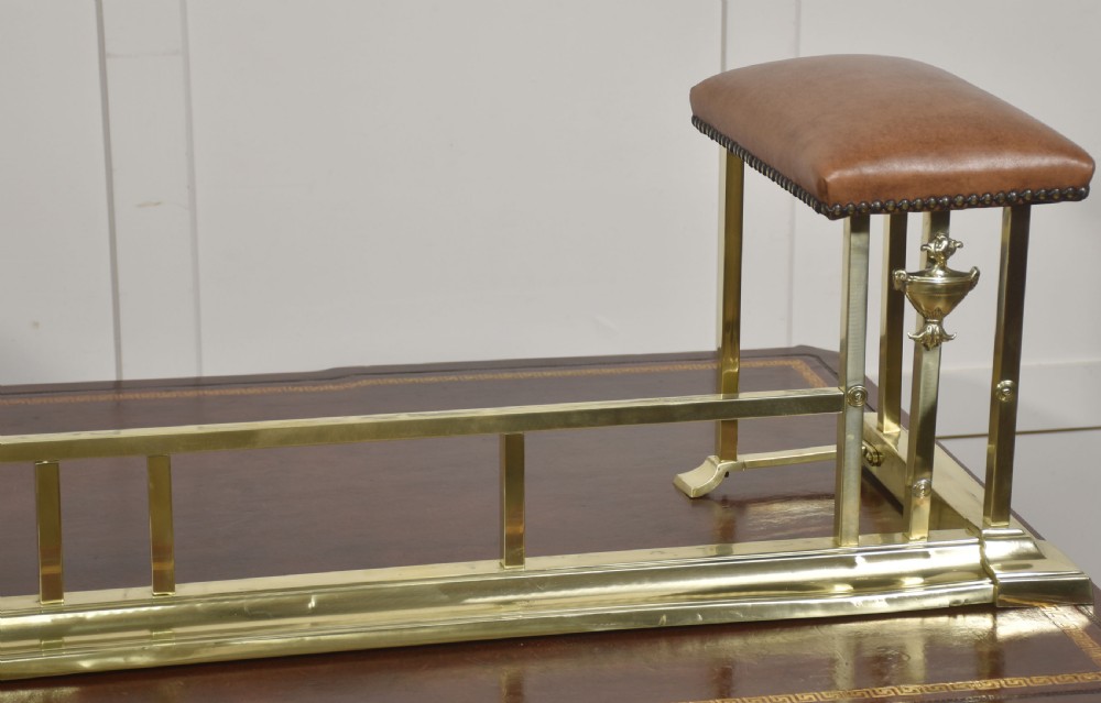 Brass and Leather Club Fender with Upholstered End Seats View IV
