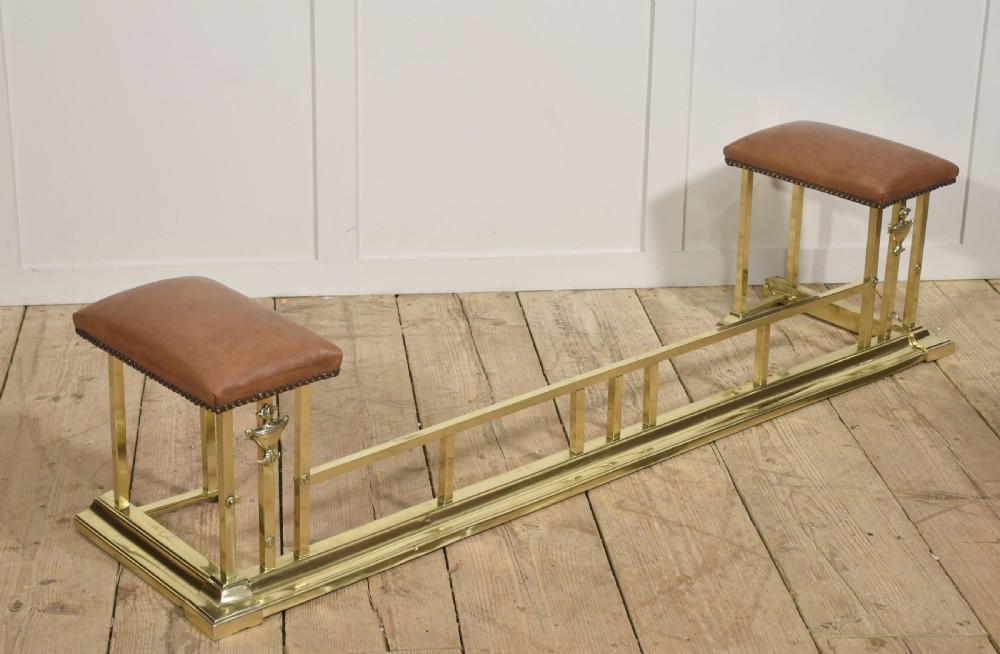 Brass and Leather Club Fender with Upholstered End Seats View V