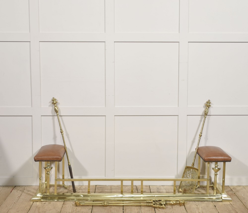 Brass and Leather Club Fender with Upholstered End Seats View VII