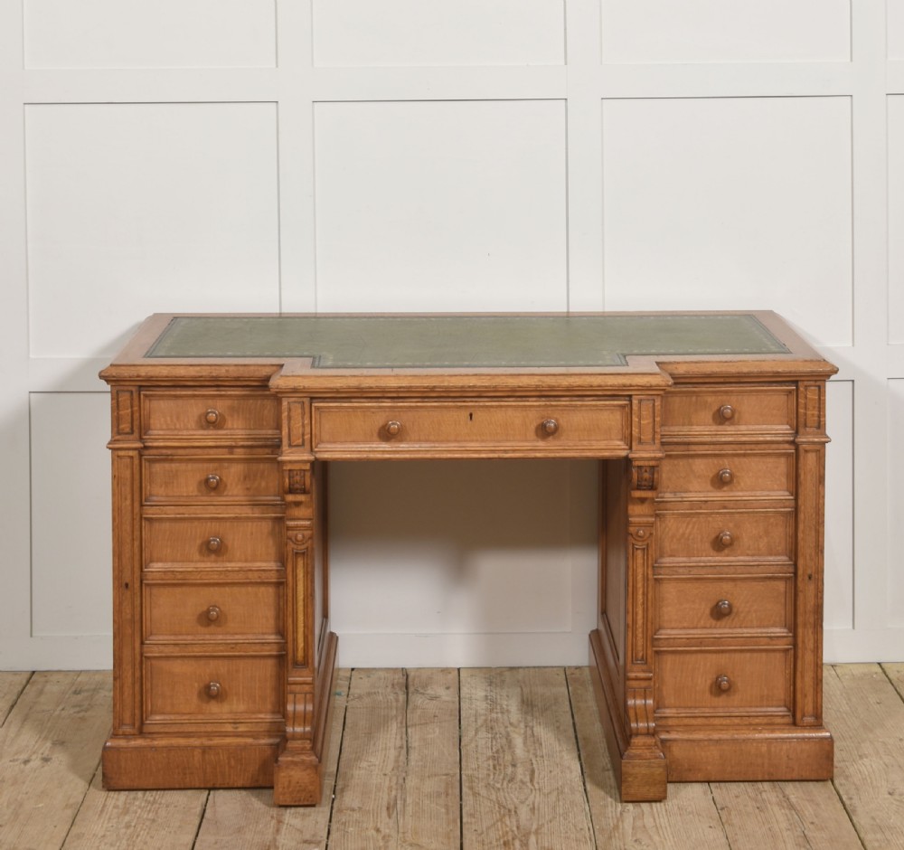 Late 19th Century Figured Oak Breakfront Pedestal Desk