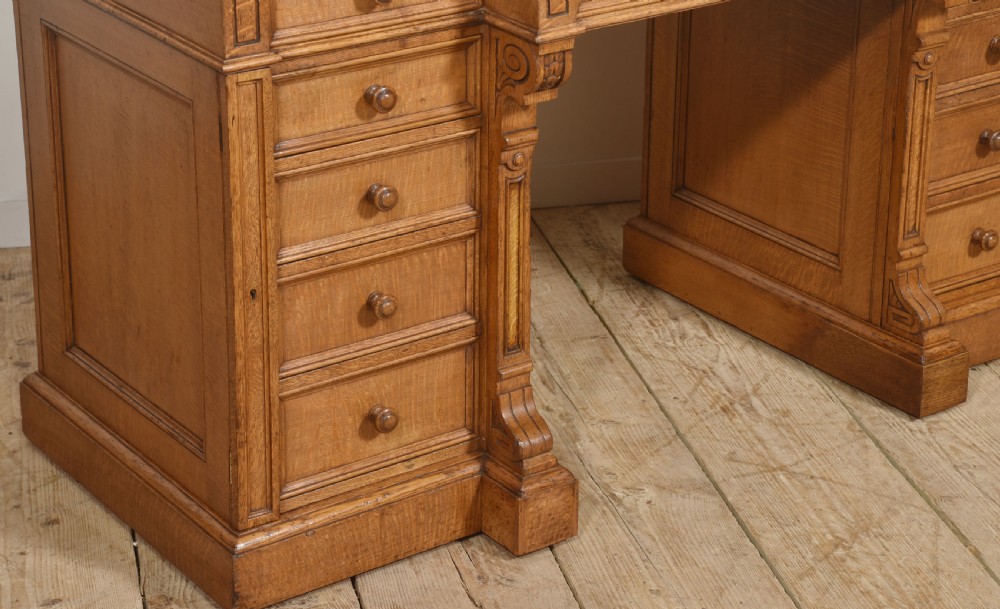 Late 19th Century Figured Oak Breakfront Pedestal Desk View VI