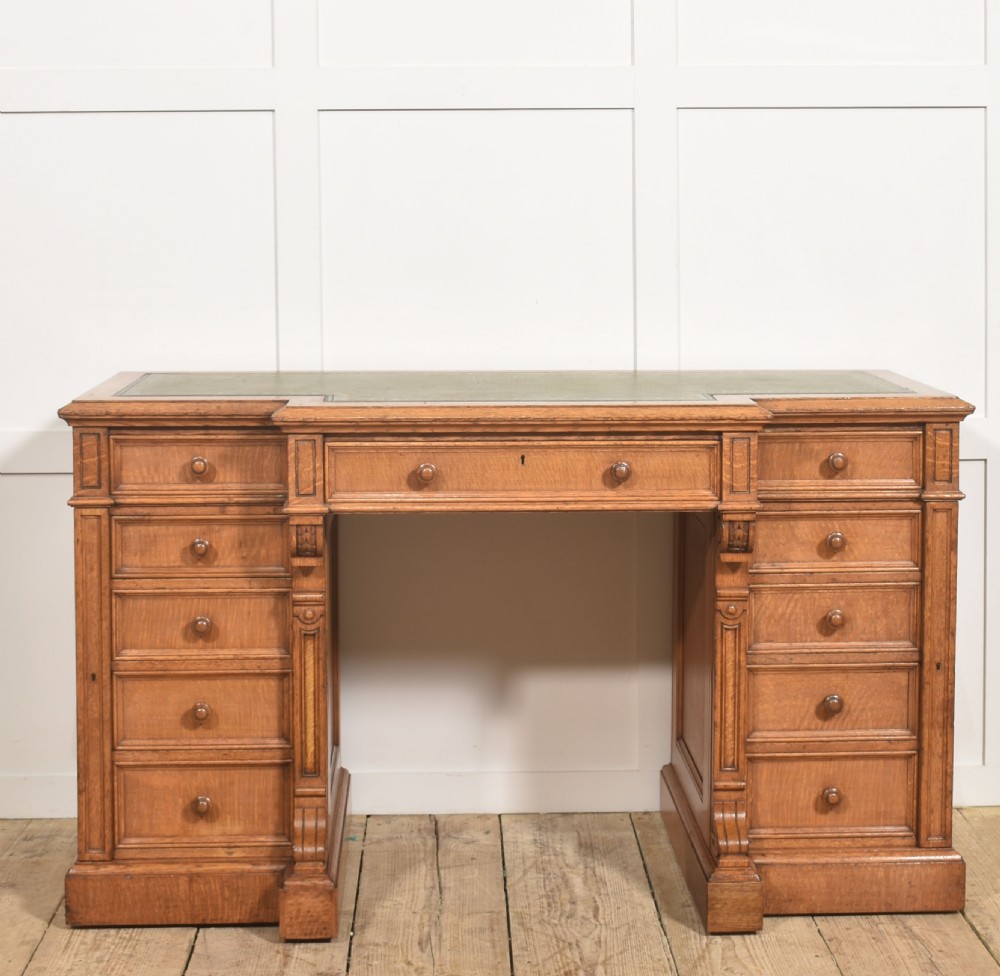 Late 19th Century Figured Oak Breakfront Pedestal Desk View X