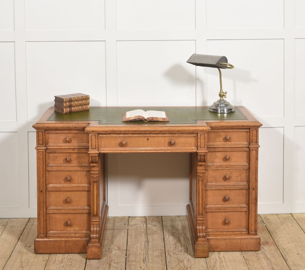 Late 19th Century Figured Oak Breakfront Pedestal Desk View XIV