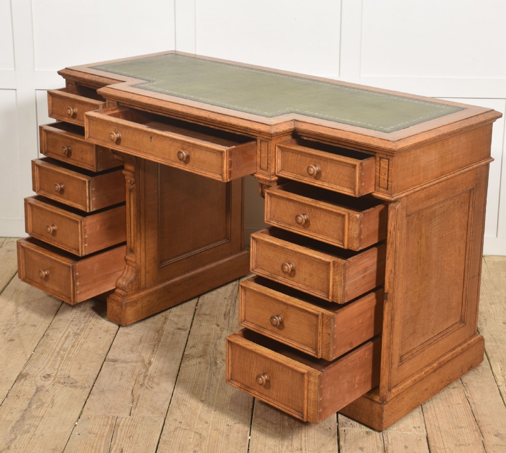 Late 19th Century Figured Oak Breakfront Pedestal Desk View XVI