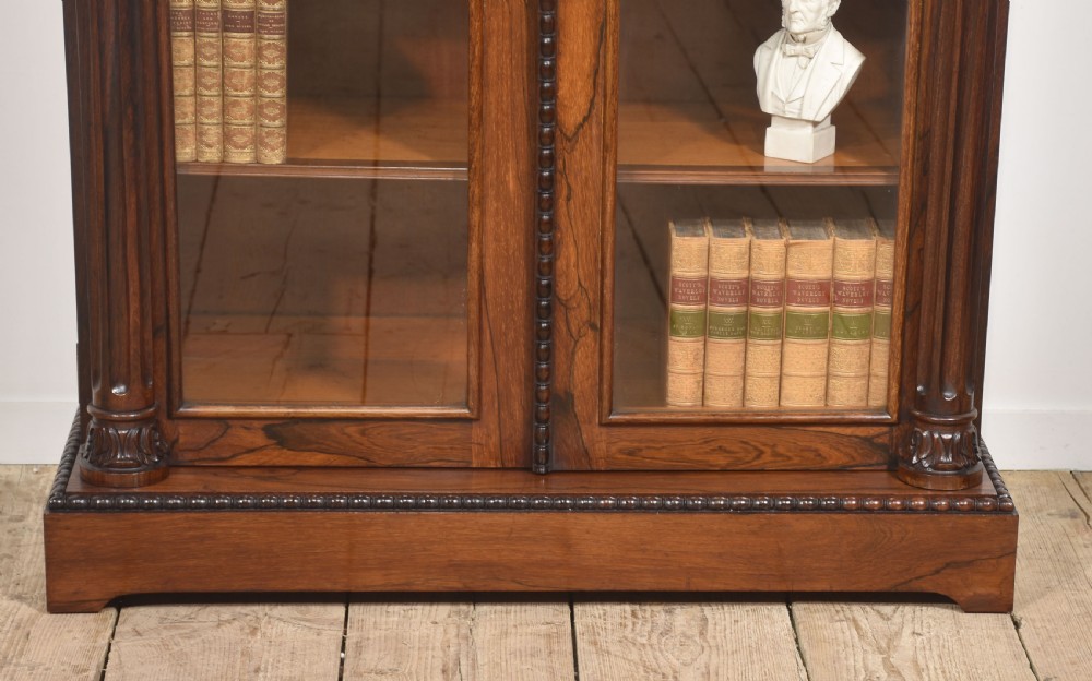 A 19th-century dark rosewood glazed low bookcase featuring two arched glass doors, fluted side pilasters, and carved mouldings. View IV
