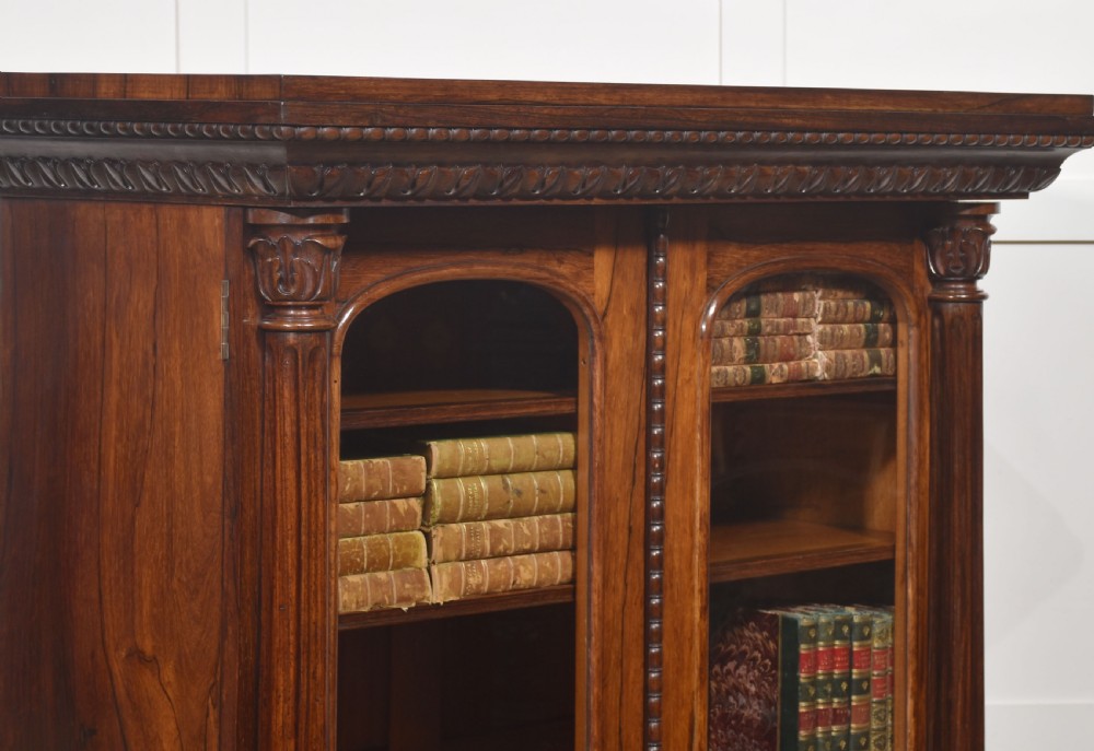 A 19th-century dark rosewood glazed low bookcase featuring two arched glass doors, fluted side pilasters, and carved mouldings. View IX