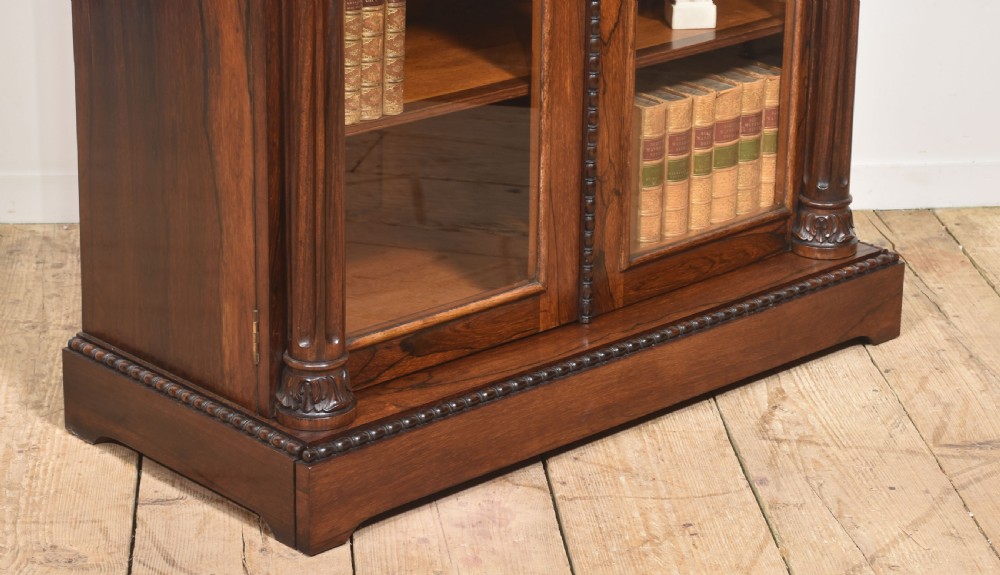 A 19th-century dark rosewood glazed low bookcase featuring two arched glass doors, fluted side pilasters, and carved mouldings. View X