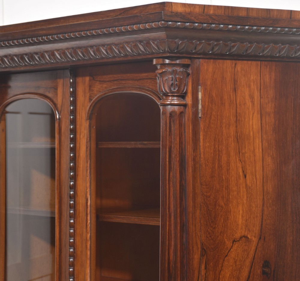 A 19th-century dark rosewood glazed low bookcase featuring two arched glass doors, fluted side pilasters, and carved mouldings. View XVIII