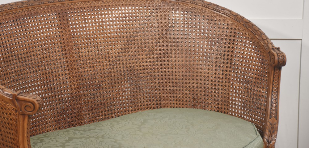 A Louis XVI Revival carved walnut settee featuring a curved woven cane back and a green damask upholstered seat cushion, supported by turned fluted legs. View III