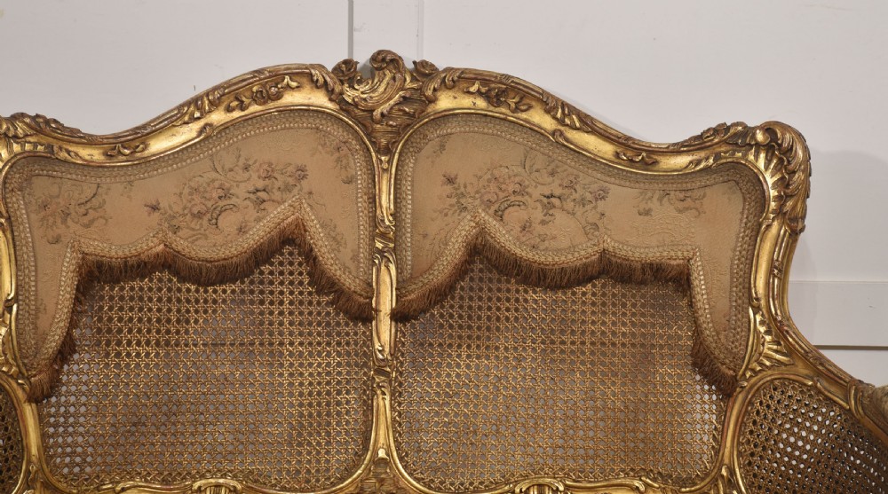 A French Louis XV style giltwood canape featuring a carved frame, caned back and sides, cabriole legs, and an upholstered seat cushion. View III
