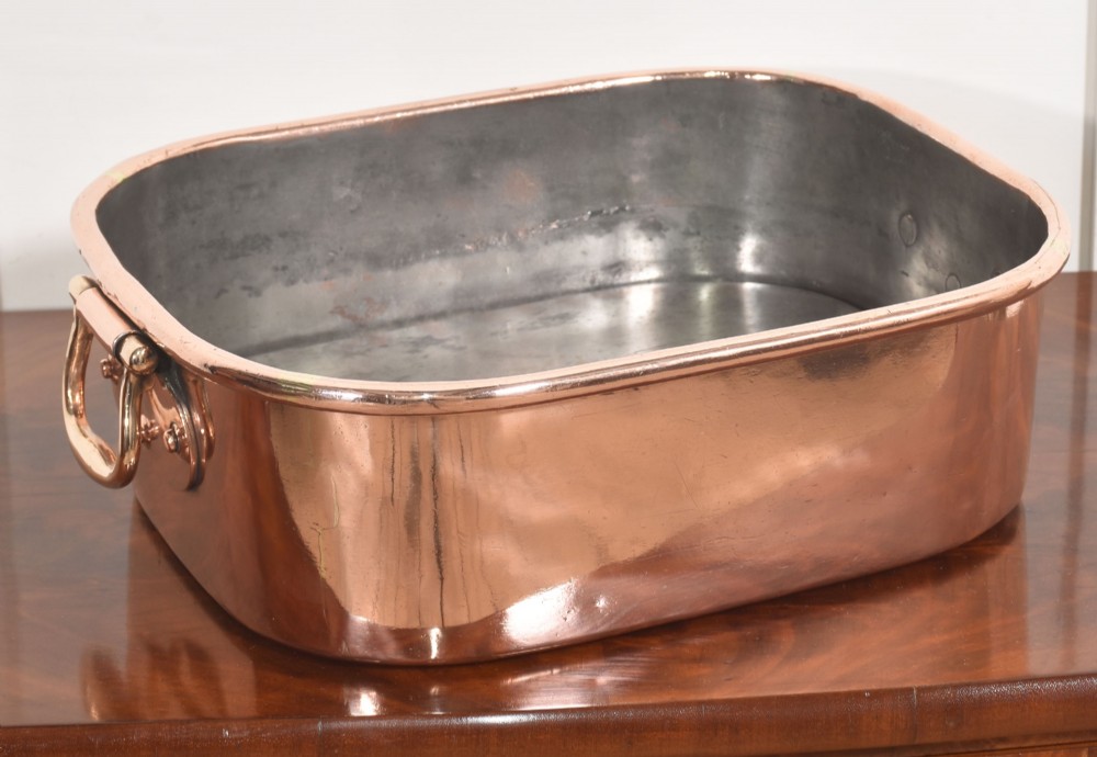 A deep rectangular antique copper fish kettle featuring heavy riveted brass drop handles and a tin-lined interior. View III