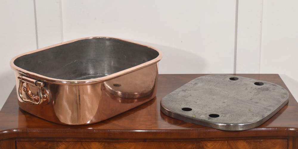 A deep rectangular antique copper fish kettle featuring heavy riveted brass drop handles and a tin-lined interior. View VI