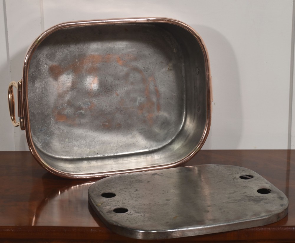 A deep rectangular antique copper fish kettle featuring heavy riveted brass drop handles and a tin-lined interior. View VII