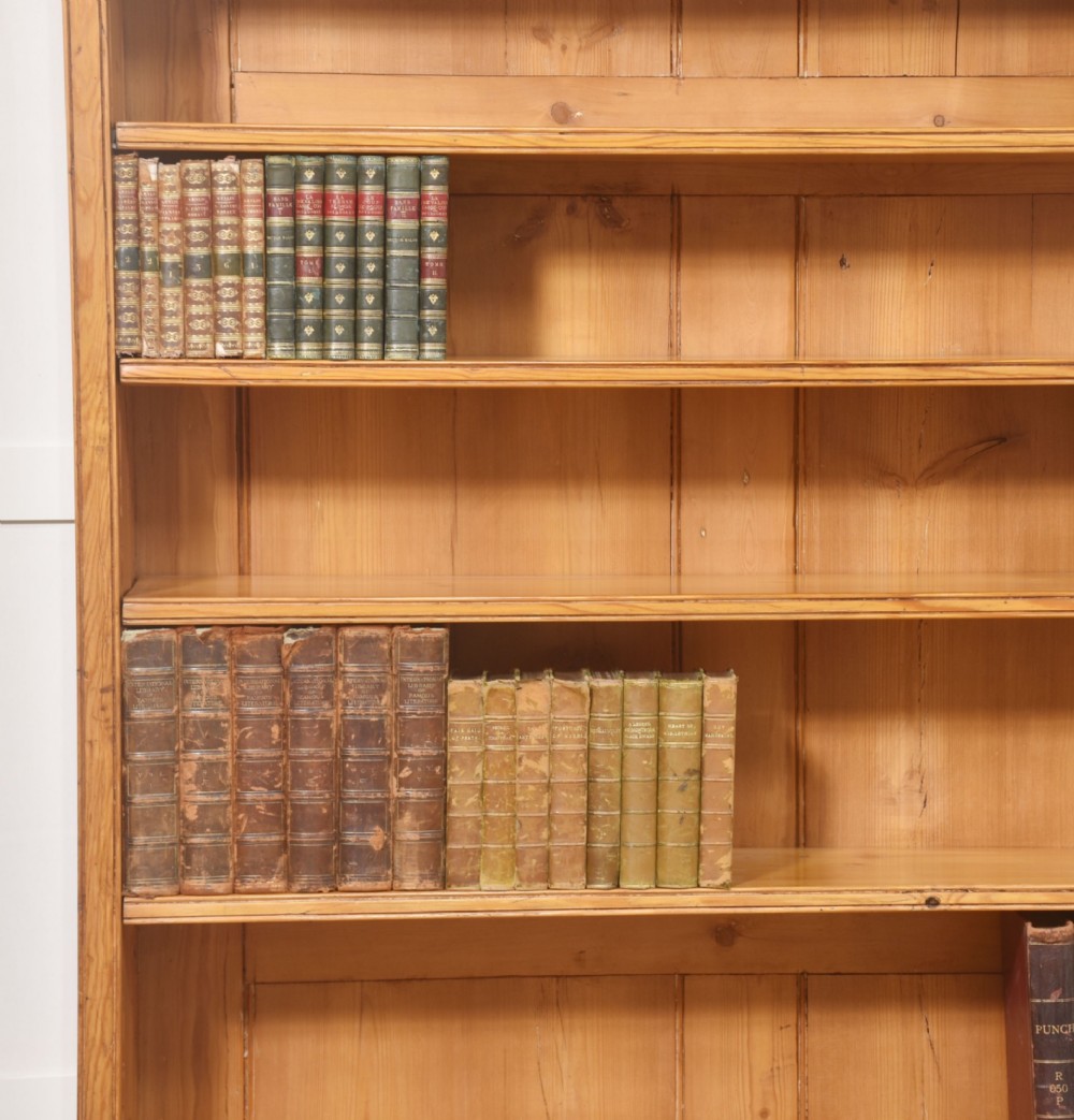 A tall 19th-century pine open bookcase with multiple fixed shelves, a moulded top cornice, planked backboard, and a solid plinth base. View VI
