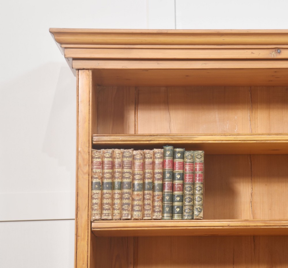 A tall 19th-century pine open bookcase with multiple fixed shelves, a moulded top cornice, planked backboard, and a solid plinth base. View VII