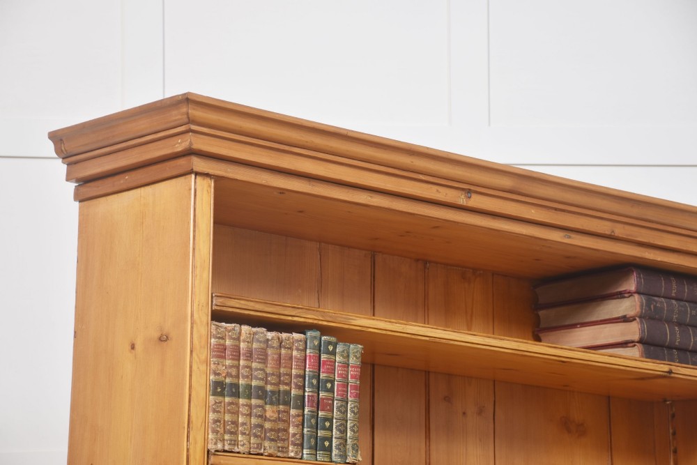 A tall 19th-century pine open bookcase with multiple fixed shelves, a moulded top cornice, planked backboard, and a solid plinth base. View VIII