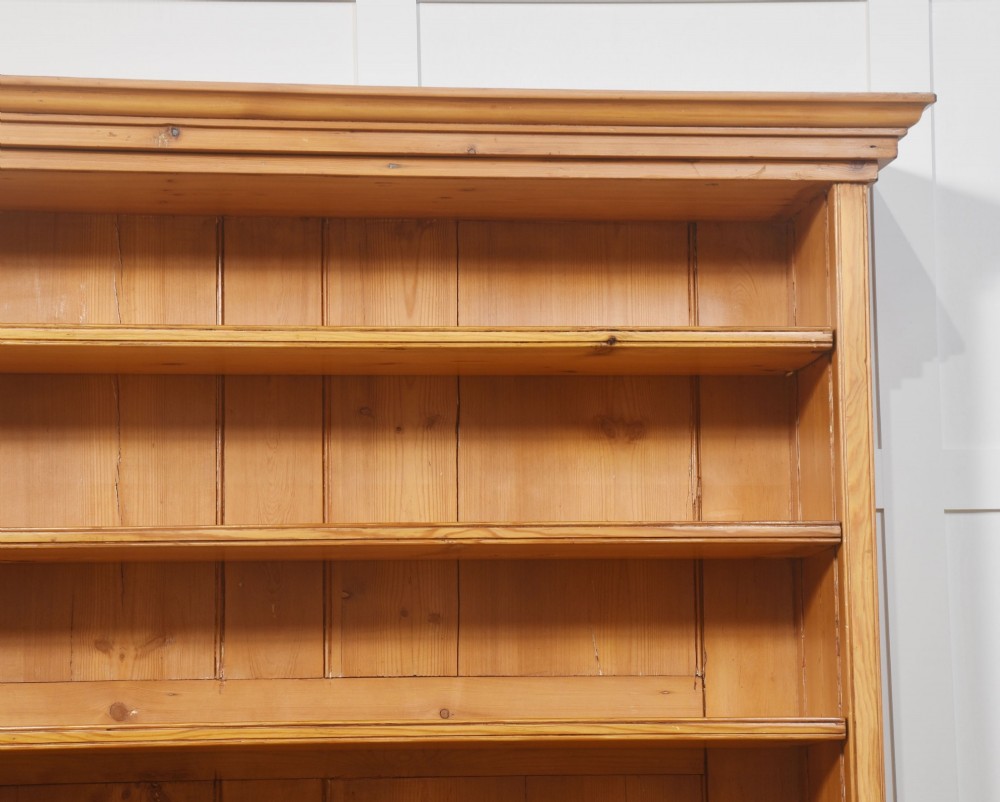 A tall 19th-century pine open bookcase with multiple fixed shelves, a moulded top cornice, planked backboard, and a solid plinth base. View IX