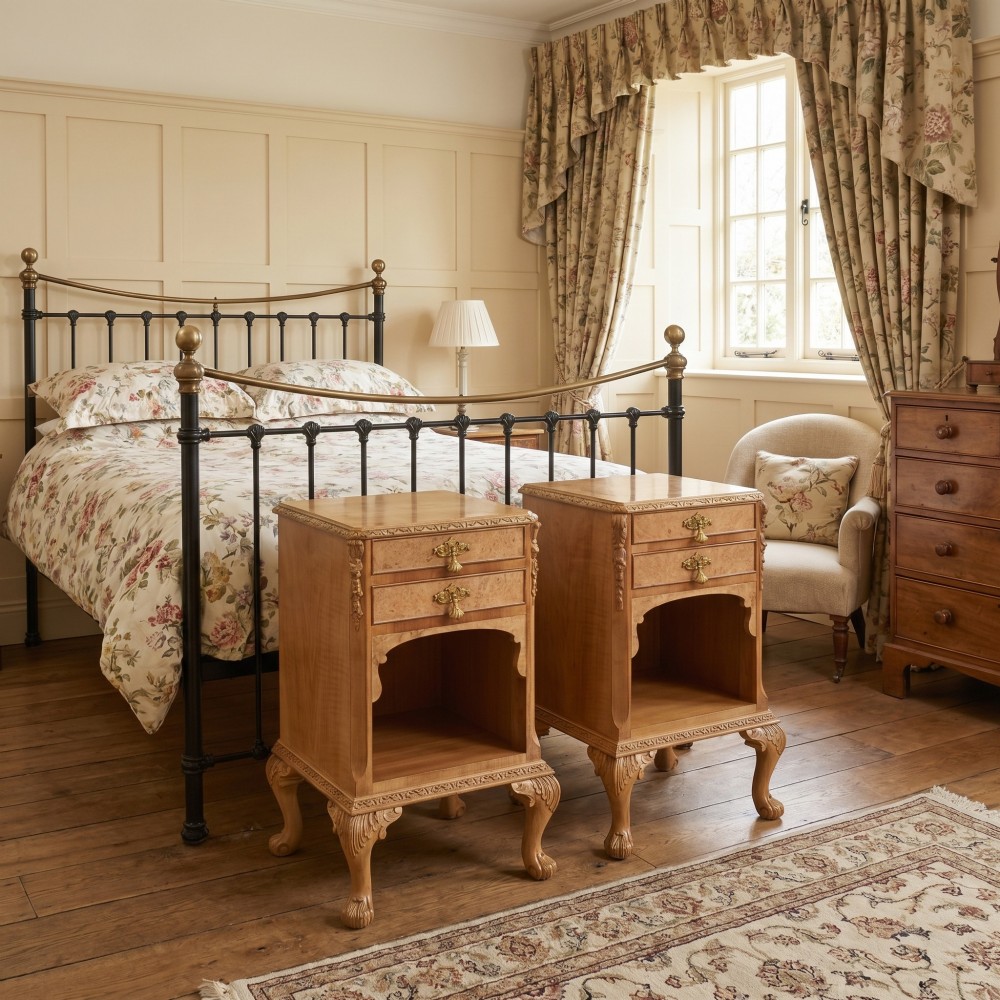 A pair of golden burr walnut bedside cabinets featuring two upper drawers with brass drop handles above an open cubby, set on carved cabriole legs with claw and ball feet. View II