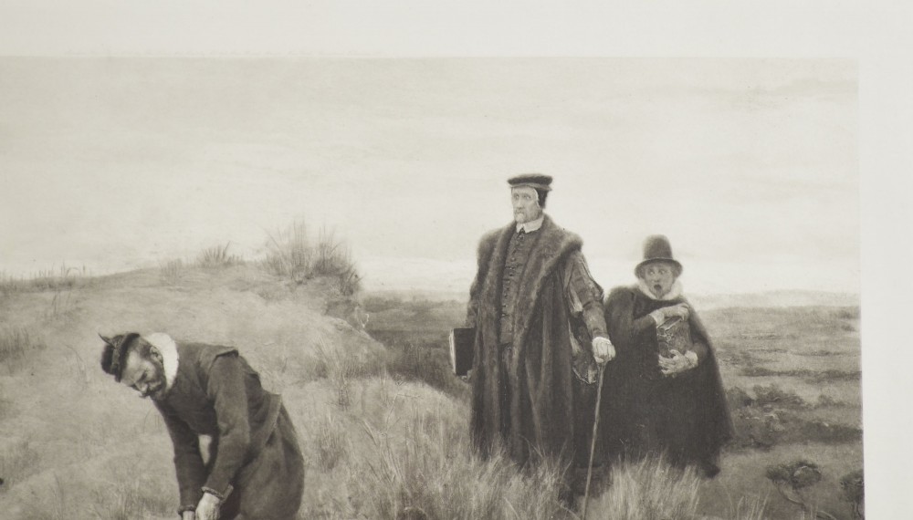 A large monochrome Victorian narrative print depicting golf players on coastal dunes being observed by clergymen, framed in quarter-sawn oak with a gilt inner slip. View III