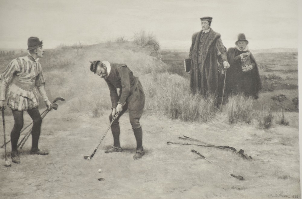 A large monochrome Victorian narrative print depicting golf players on coastal dunes being observed by clergymen, framed in quarter-sawn oak with a gilt inner slip. View IV