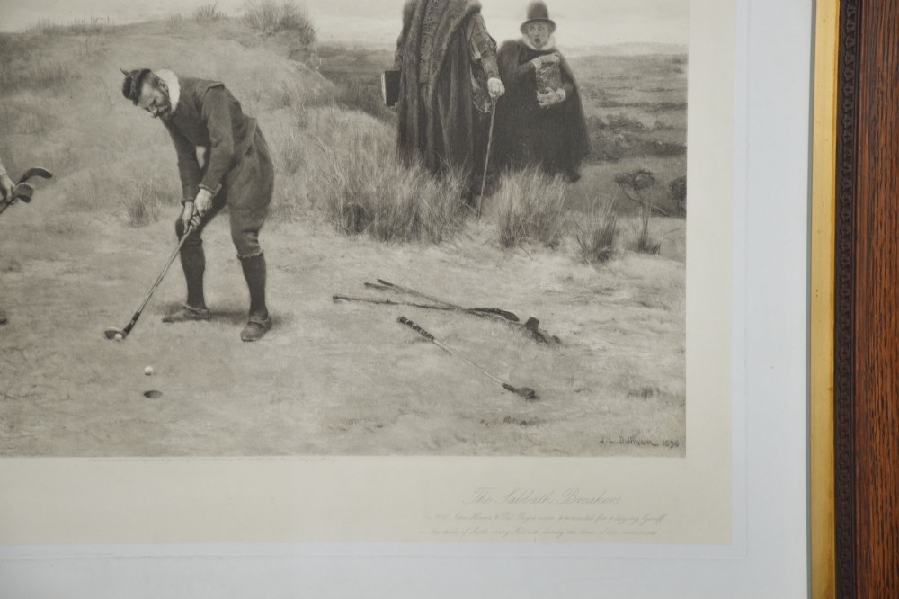 A large monochrome Victorian narrative print depicting golf players on coastal dunes being observed by clergymen, framed in quarter-sawn oak with a gilt inner slip. View V