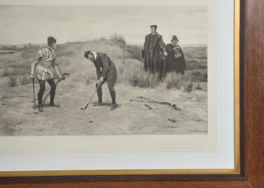 A large monochrome Victorian narrative print depicting golf players on coastal dunes being observed by clergymen, framed in quarter-sawn oak with a gilt inner slip. View VI