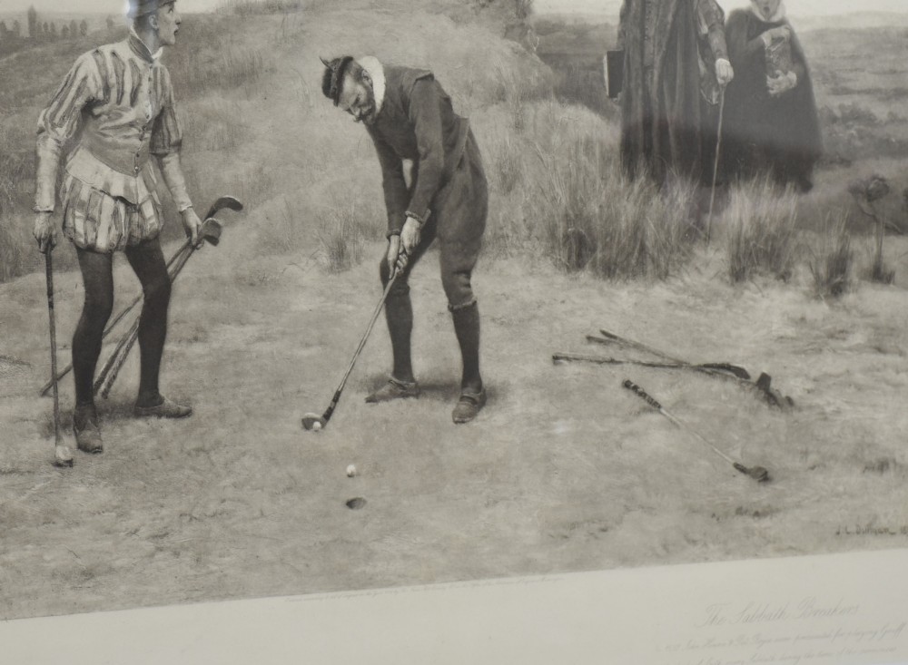 A large monochrome Victorian narrative print depicting golf players on coastal dunes being observed by clergymen, framed in quarter-sawn oak with a gilt inner slip. View VII