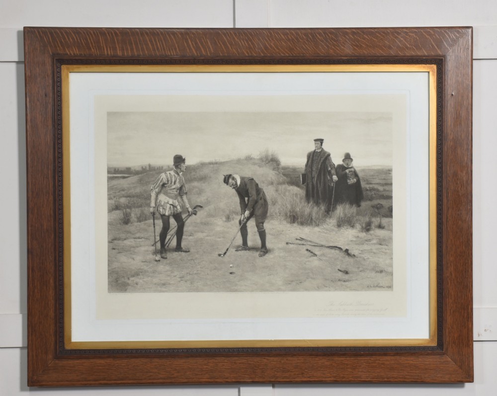 A large monochrome Victorian narrative print depicting golf players on coastal dunes being observed by clergymen, framed in quarter-sawn oak with a gilt inner slip.
