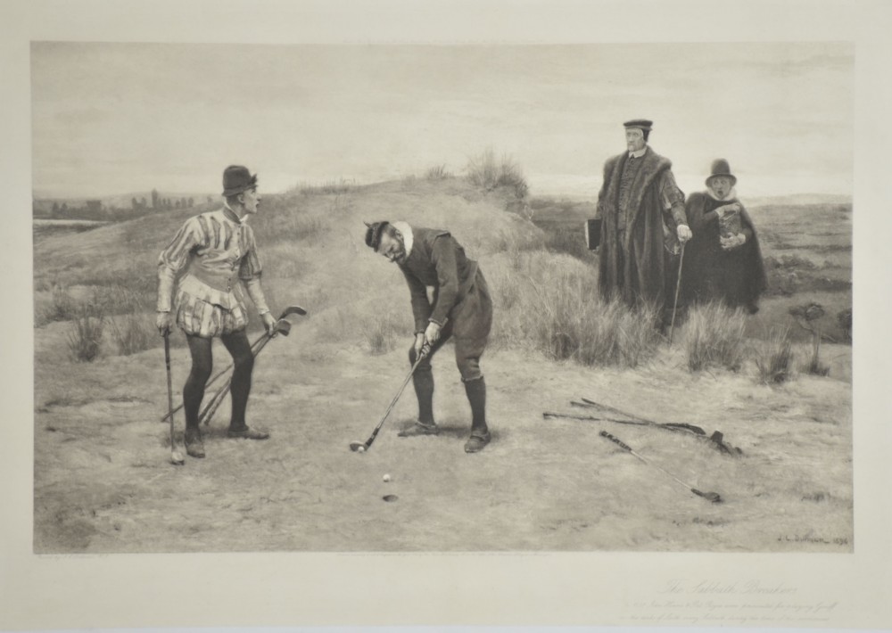 A large monochrome Victorian narrative print depicting golf players on coastal dunes being observed by clergymen, framed in quarter-sawn oak with a gilt inner slip. View X