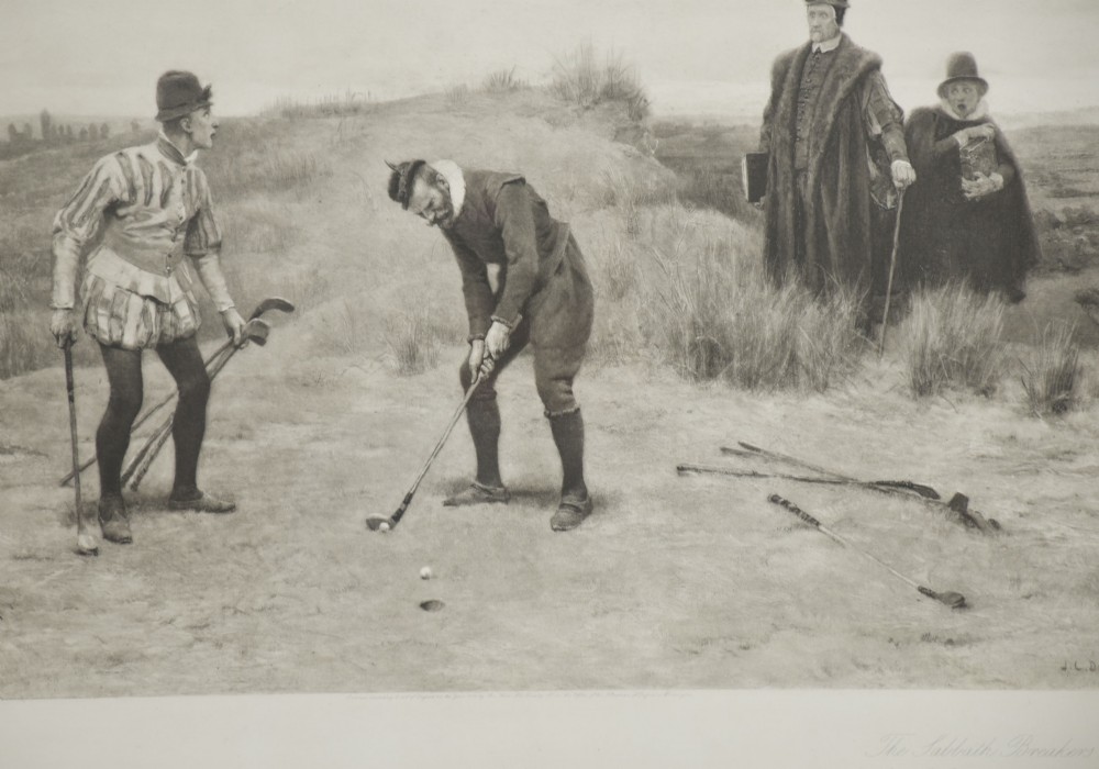 A large monochrome Victorian narrative print depicting golf players on coastal dunes being observed by clergymen, framed in quarter-sawn oak with a gilt inner slip. View XI