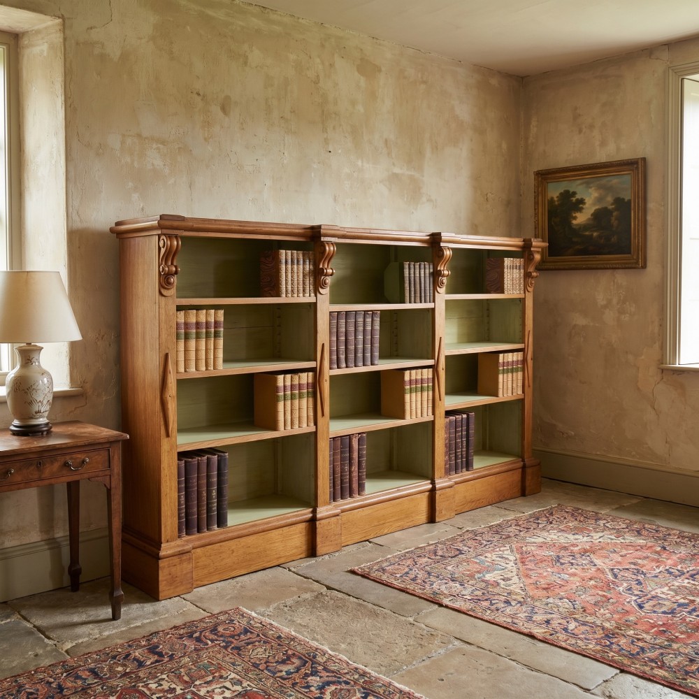 A large 19th-century oak open bookcase featuring three bays, carved decorative corbels, adjustable shelves, and a pale green painted interior. View II