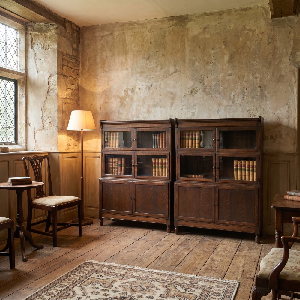 A pair of early twentieth-century dark oak sectional bookcases featuring two glazed upper tiers and a double-door base cupboard on turned feet. View II