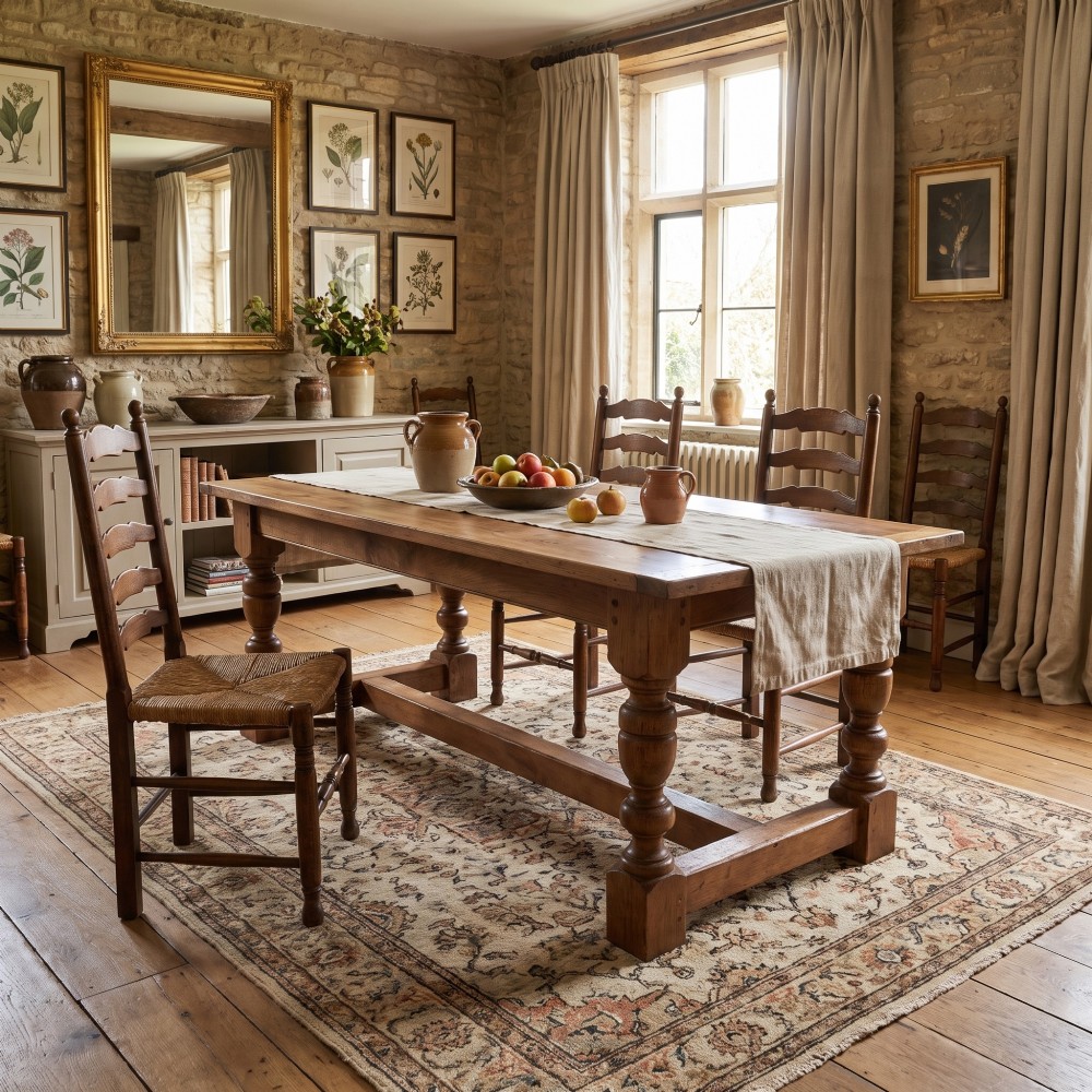 A 19th-century rectangular elm refectory dining table featuring turned wooden legs connected by a central lower stretcher. View II