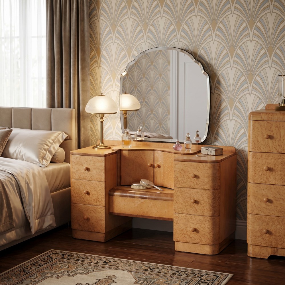 An Art Deco light blonde birds eye maple dressing table featuring curved pedestal drawers, a central cupboard, and a large shaped mirror attached above. View II