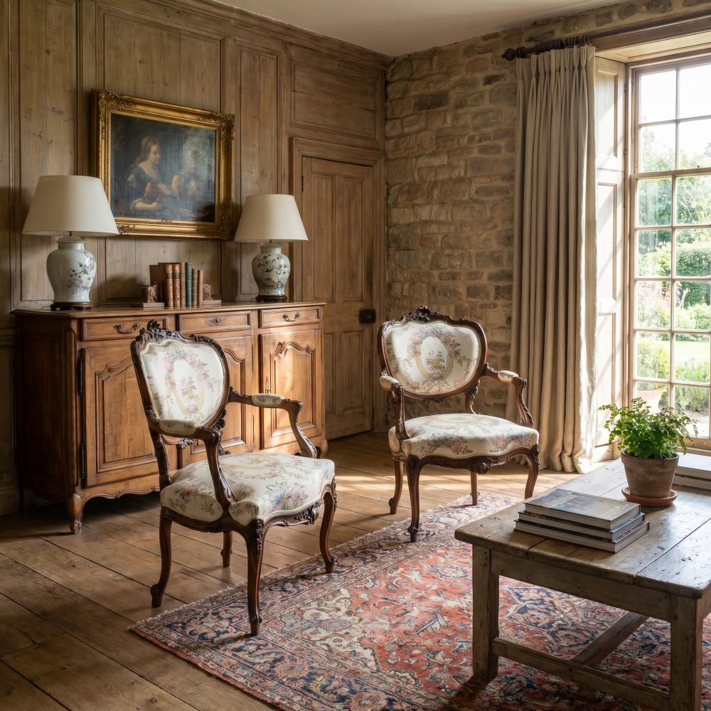 A pair of French carved walnut open armchairs featuring floral tapestry upholstery and cabriole legs. View II