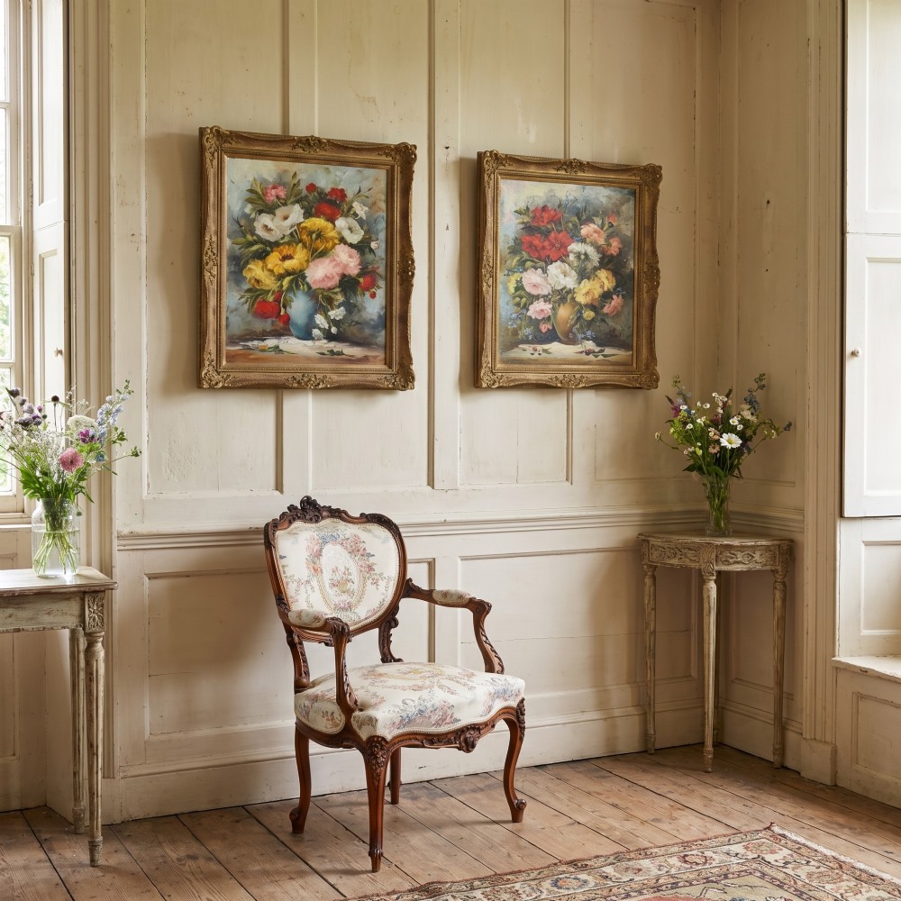 A pair of framed oil paintings depicting colourful arrangements of flowers in ceramic vases set within ornate gilded frames. View II