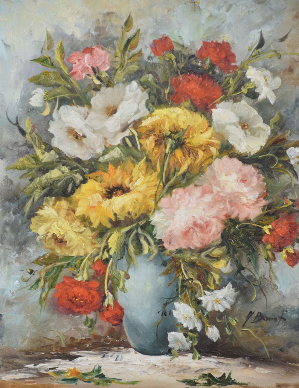 A pair of framed oil paintings depicting colourful arrangements of flowers in ceramic vases set within ornate gilded frames. View IV