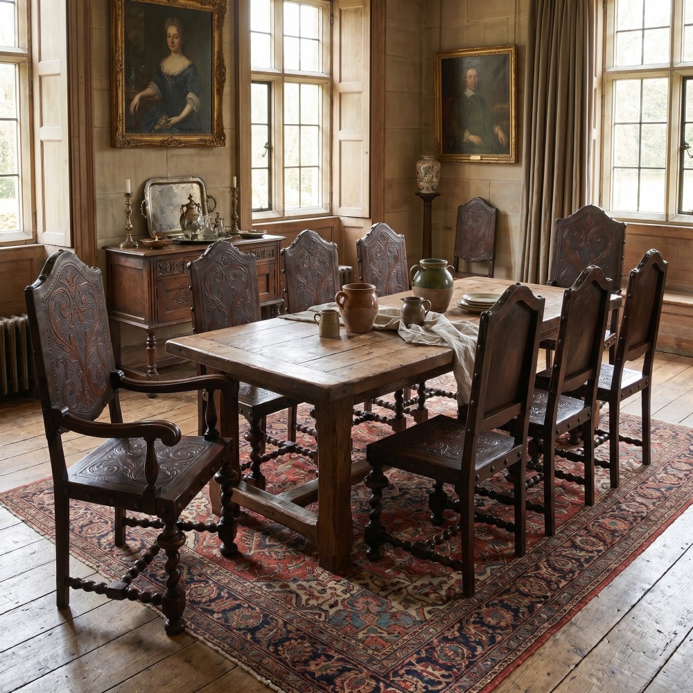 A set of eight dark brown walnut dining chairs featuring embossed floral leather seats and backrests with decorative studding and barley twist legs. View II