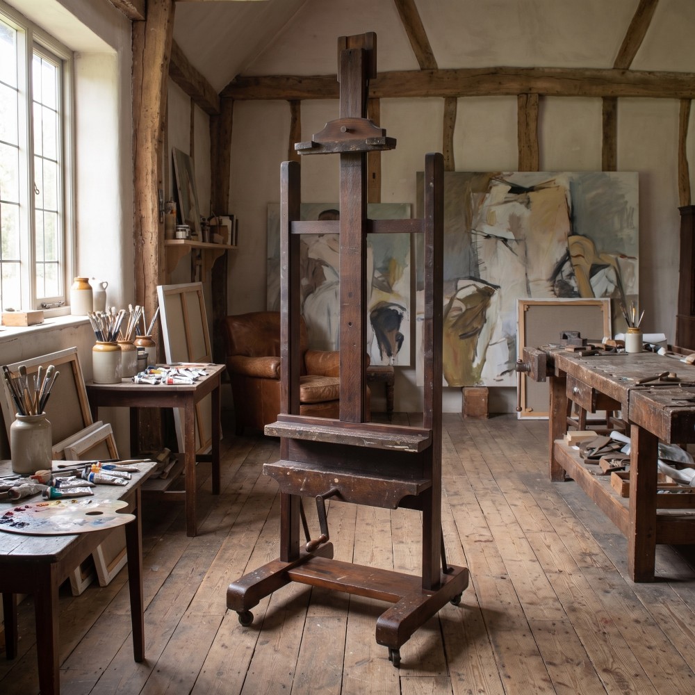 A dark oak adjustable artist studio easel featuring a hand-crank winding mechanism and a castored base. View II