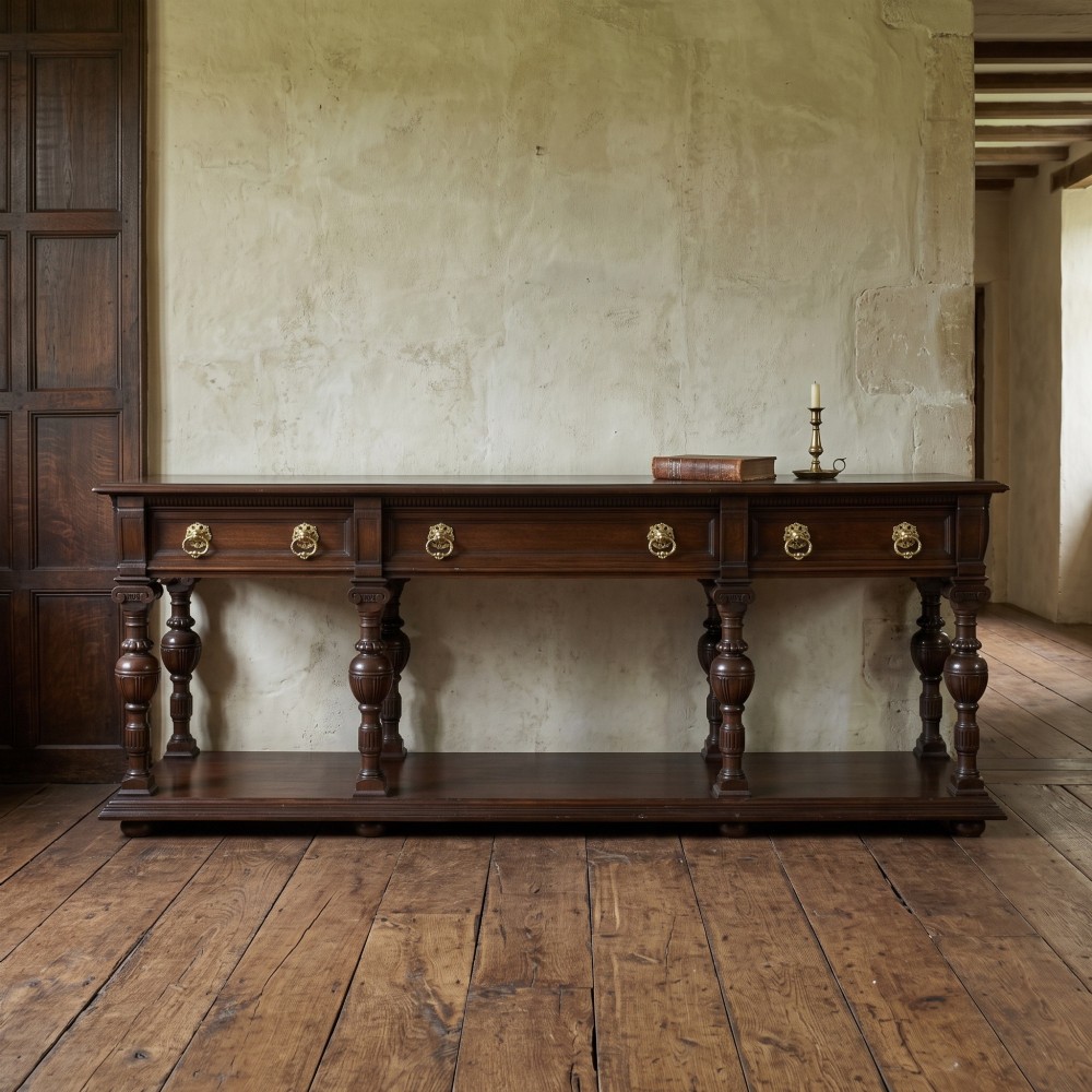 A dark oak Jacobean style dresser base featuring three drawers with decorative brass handles, turned baluster legs, and a full-length lower pot board shelf. View II