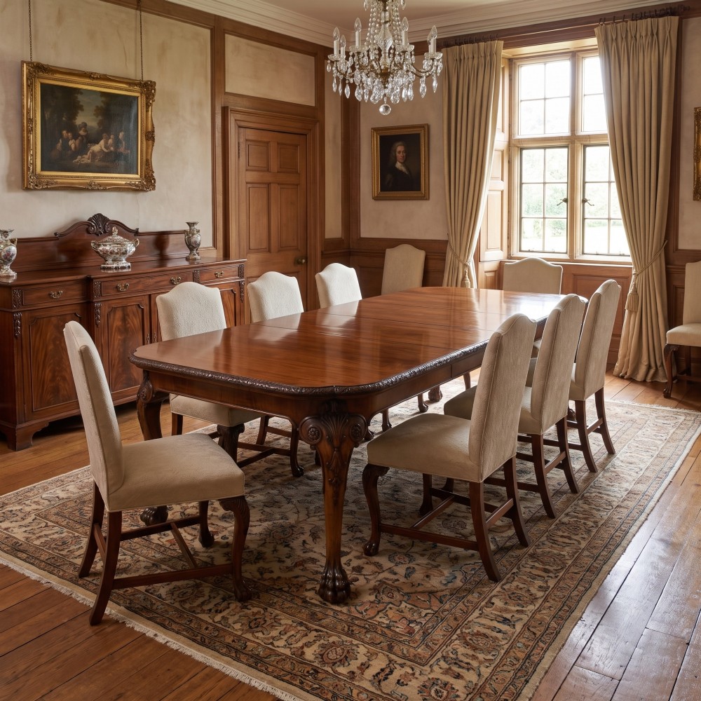 A carved walnut extending dining table resting on four cabriole legs with carved knees and claw and ball feet. View II